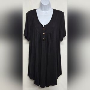 Popyoung 2X Black Slinky Stretch Knit Pullover Top Henly Style Short Sleeve